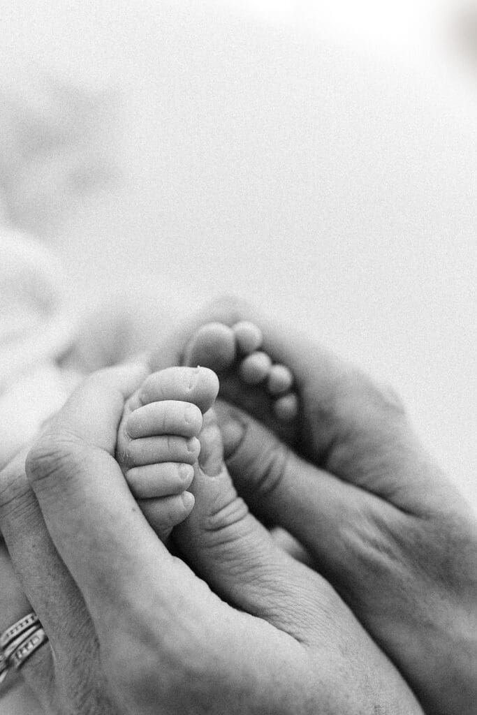 Close up macro photography in black and white from Angus's newborn photoshoot with christchurch studio photographer lucy jane photography
